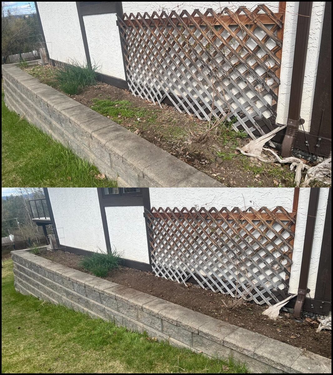 Front garden bed with lattice — weeded and cleaned