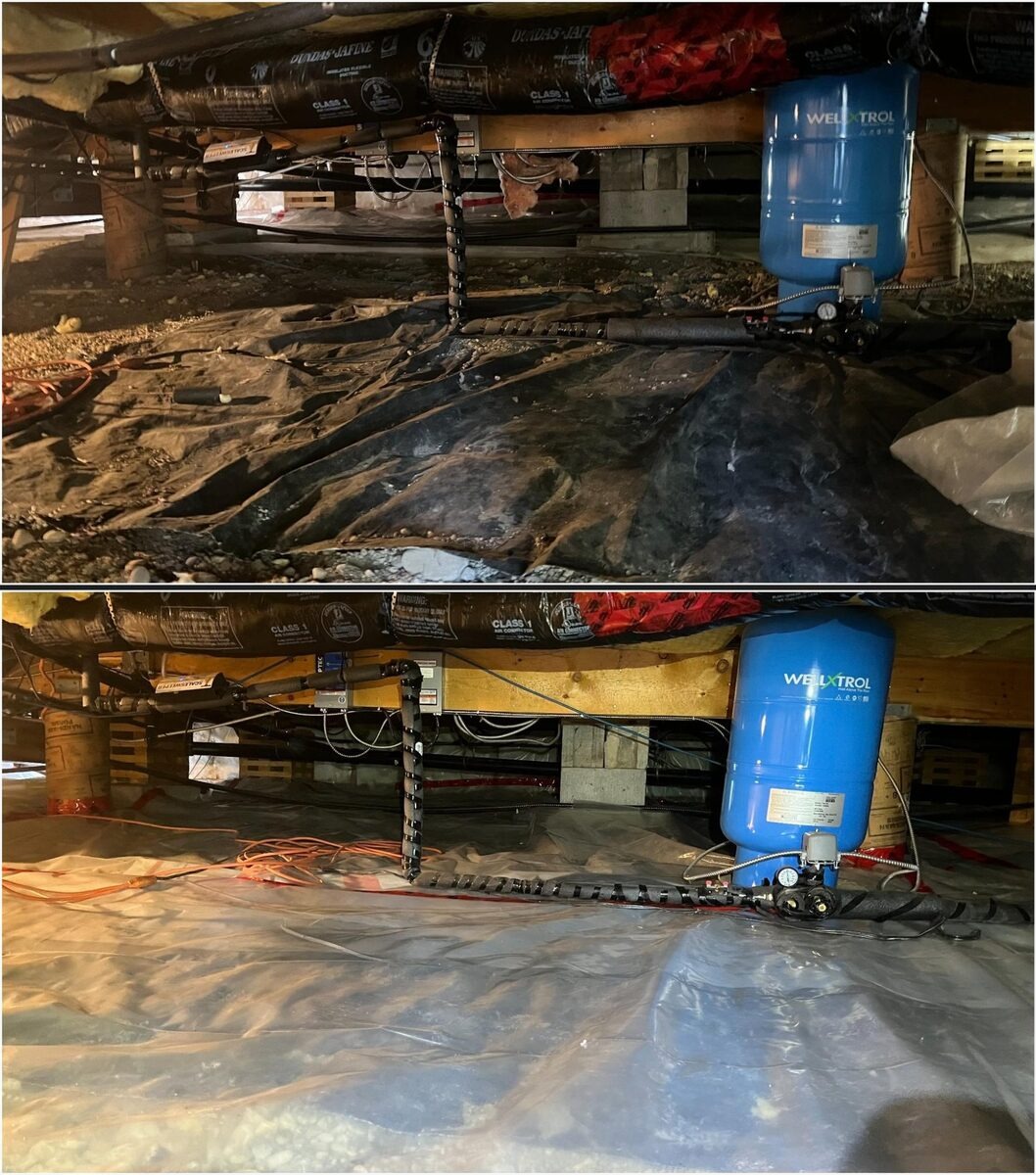 Crawl space cleanup with vapor barrier installed