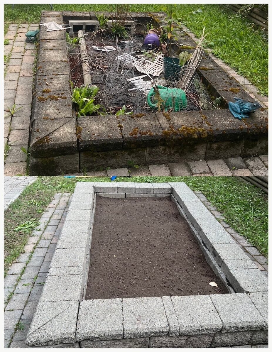 Garden bed cleanup — dead brush removed, fresh soil